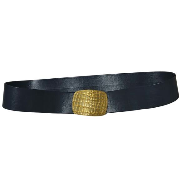 Wide Blue Leather Belt Gold Crocodile Print Huge Belt Buckle Hook Closure OS - Picture 1 of 8
